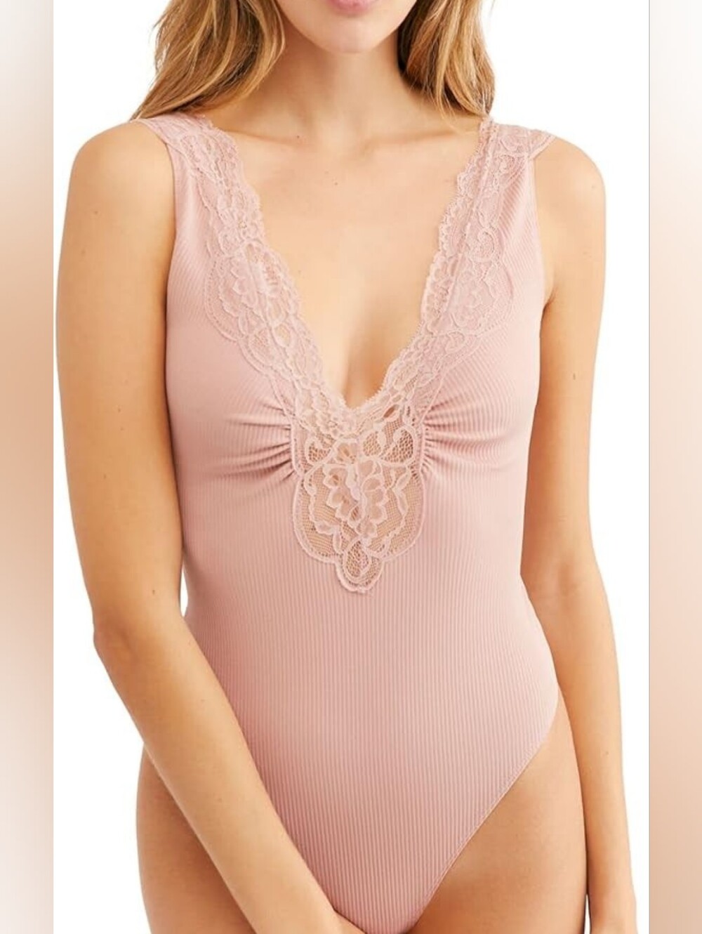 Free People Dusty Rose Lace-Trim Ribbed V-Neck Bodysuit
